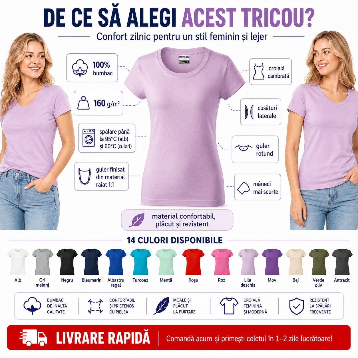 Beneficii tricou damă bumbac 100%, guler rotund, croială cambrată, material confortabil, 14 culori